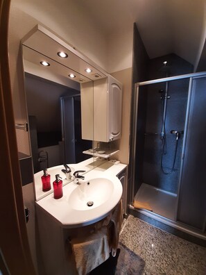 Een douche, een regendouche, een haardroger, handdoeken