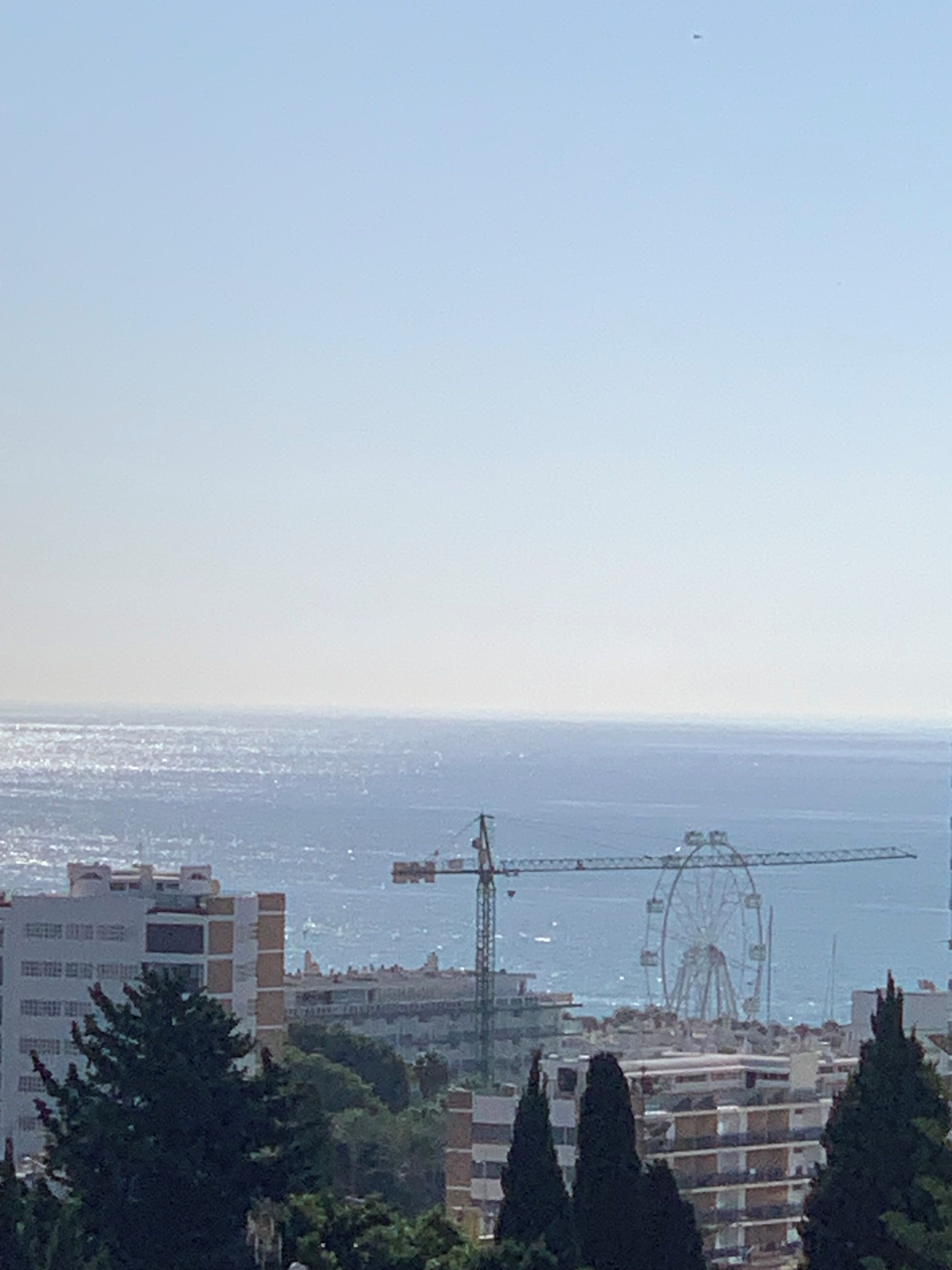 Un paisaje urbano costero con una noria destacada, una grúa y edificios en primer plano.