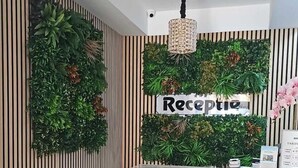 A reception area with a wooden reception desk, a sign reading "Reception", and a vertical garden on the wall. - Roca del Mar (Navodari)