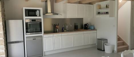 Microondas, lavavajillas, cafetera y tetera y utensilios de cocina