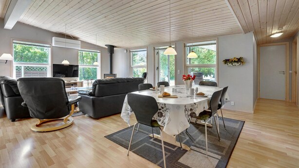 A modern living room with a sofa, chairs, a dining table, and a TV. - Pet friendly home in Væggerløse (Væggerløse)