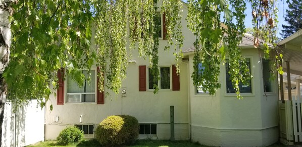 A two-story house with a small front yard, a wooden fence, and a large tree with green leaves. - Charming Home In Quiet, Friendly Grangeville, Idaho Sleeps 9 Guests (Grangeville)