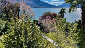 Vista de un lago con montañas al fondo, rodeado de exuberante vegetación y un sendero que lleva a una edificación.