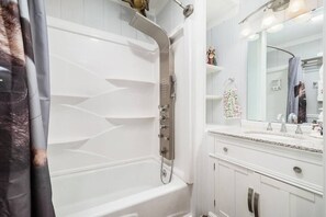 Hair dryer, towels, soap, shampoo