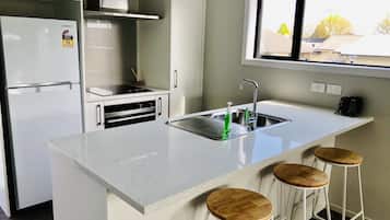 Großer Kühlschrank, Mikrowelle, Ofen, Herdplatte
