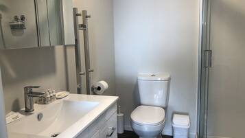 Shower, hair dryer, slippers, towels