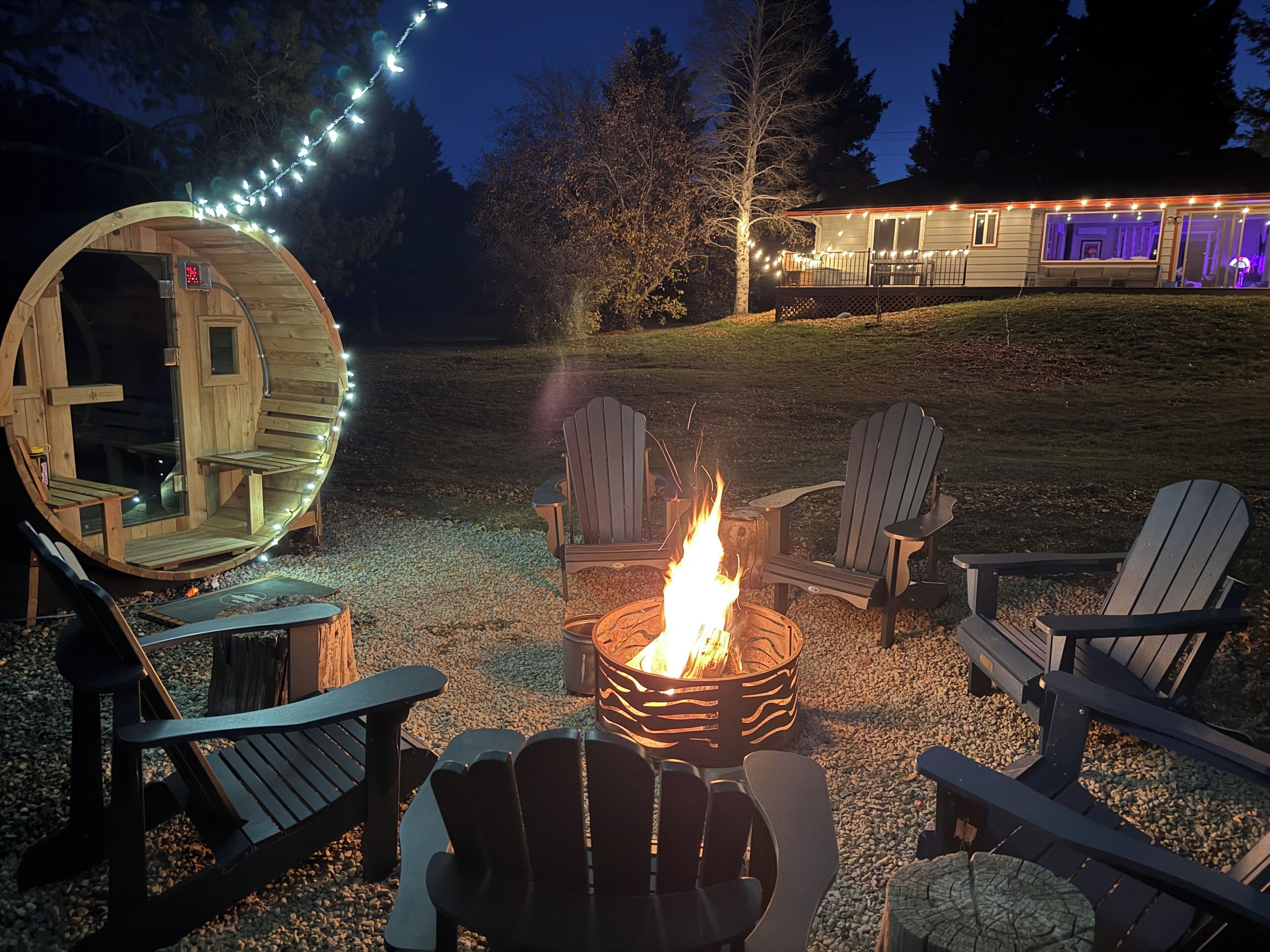Barrel sauna, fire pit, yard and house