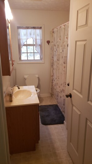 Hair dryer, towels, soap, toilet paper