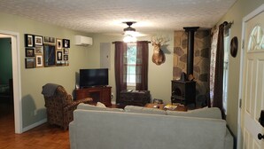 A living room with a fireplace, a television, and a couch.