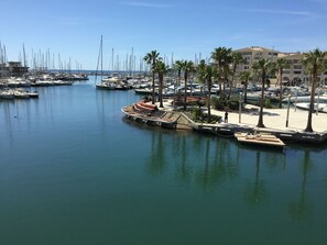Un port de plaisance où sont amarrés de nombreux bateaux, une promenade bordée de palmiers et un bâtiment visible au loin.