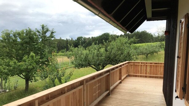 En træterrasse med udsigt over et grønt landskab og træer.