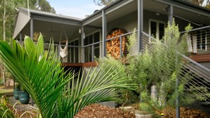 A modern house with a large glass window, surrounded by various plants and trees. - Fig Tree Guest House (Pokolbin)