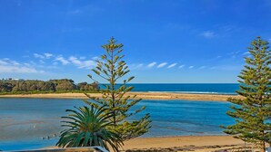 Vista costera con playa, océano y árboles.