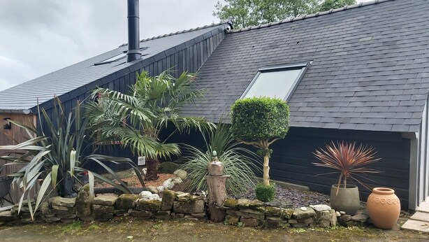 A house with a sloped roof, a chimney, a stone wall, and various potted plants.