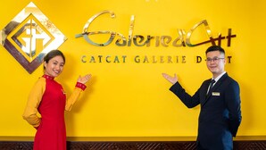 Een receptiegedeelte met een heldergele muur en een bord waarop 'Catat Cat Galerie D' staat.
