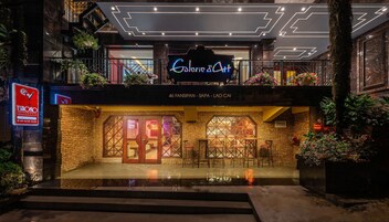 A building with a neon sign reading "Galerie d'Art" and a storefront with a brick facade and wooden doors.