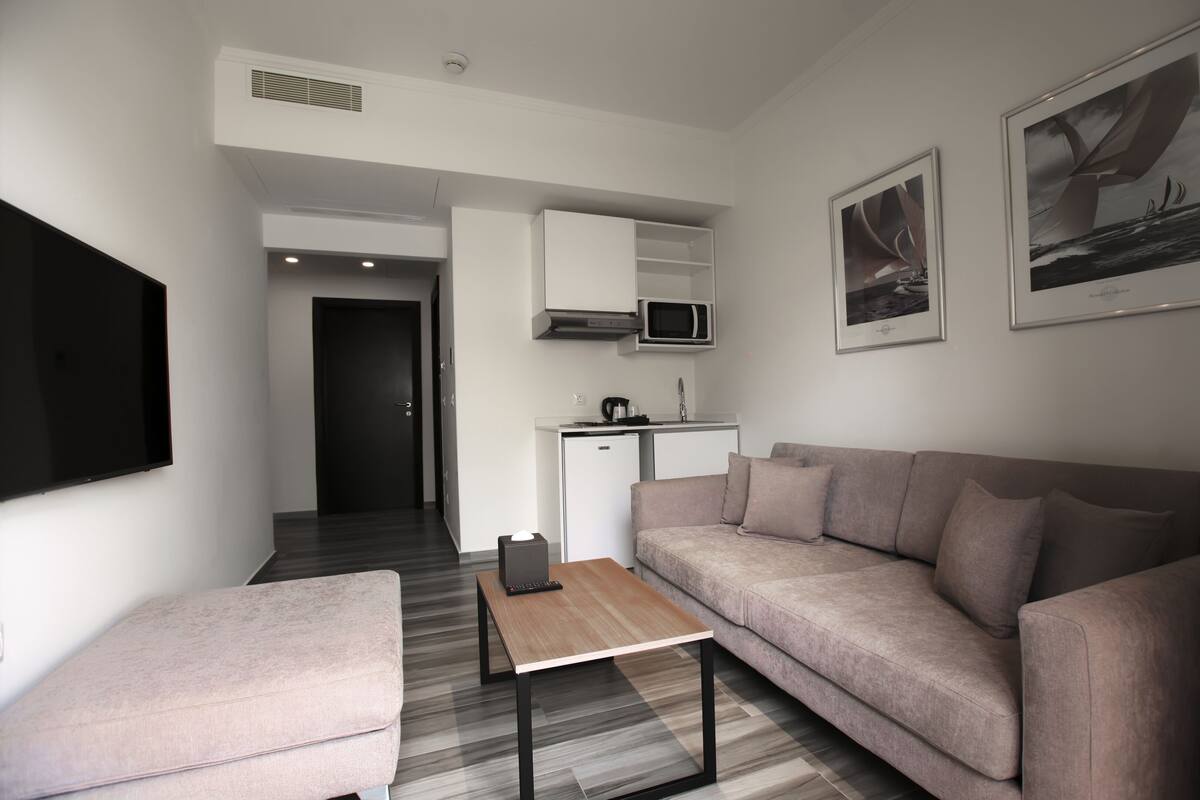 A modern living room with a sofa, a coffee table, and a TV. There is a kitchenette with a microwave and a small fridge. The room has a minimalist design with white walls and a wooden floor.