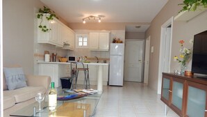 A compact living space with a kitchenette, a glass-top coffee table, a sofa, and a TV.