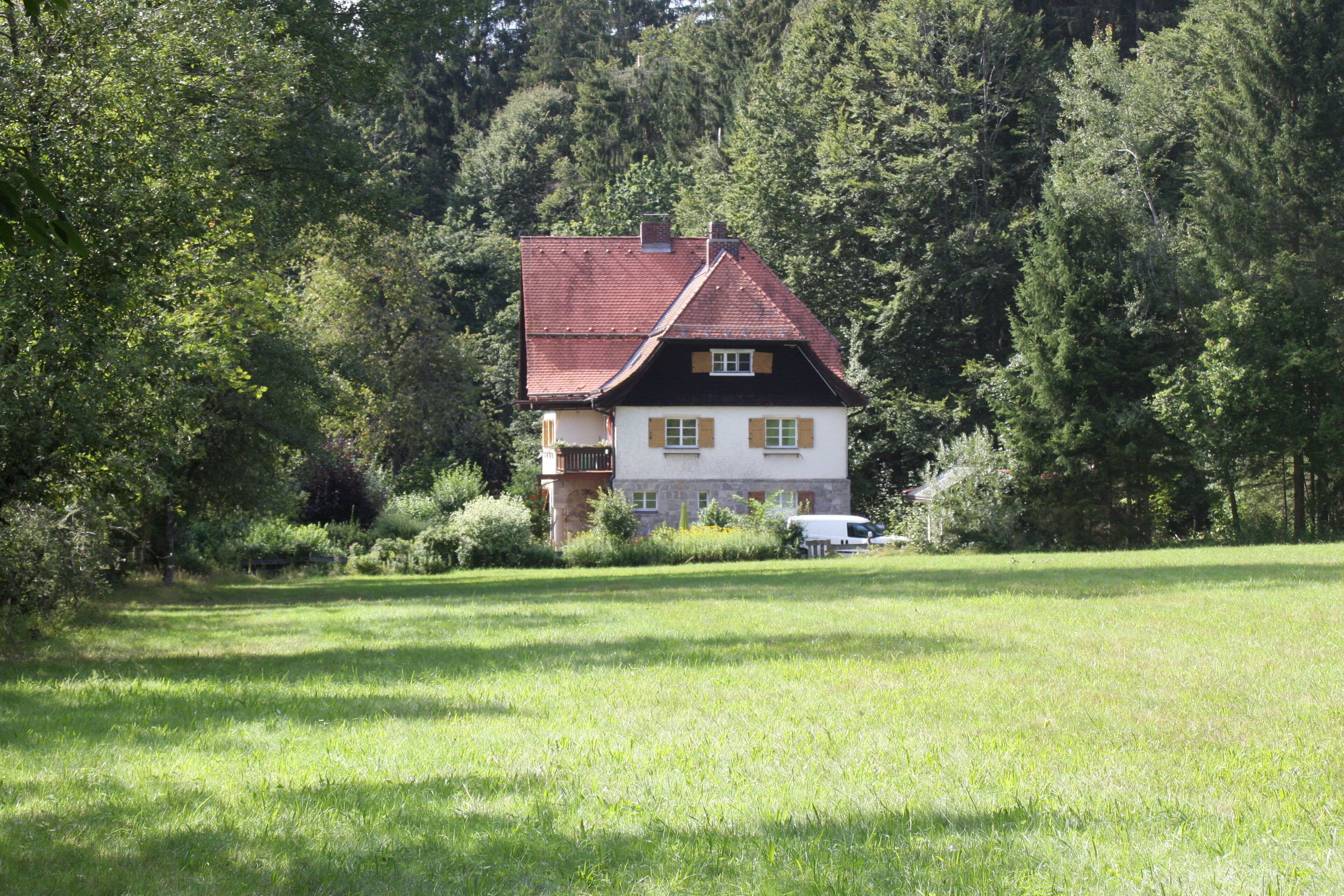 A two-story house with a red roof, surrounded by a lush green field and dense forest.