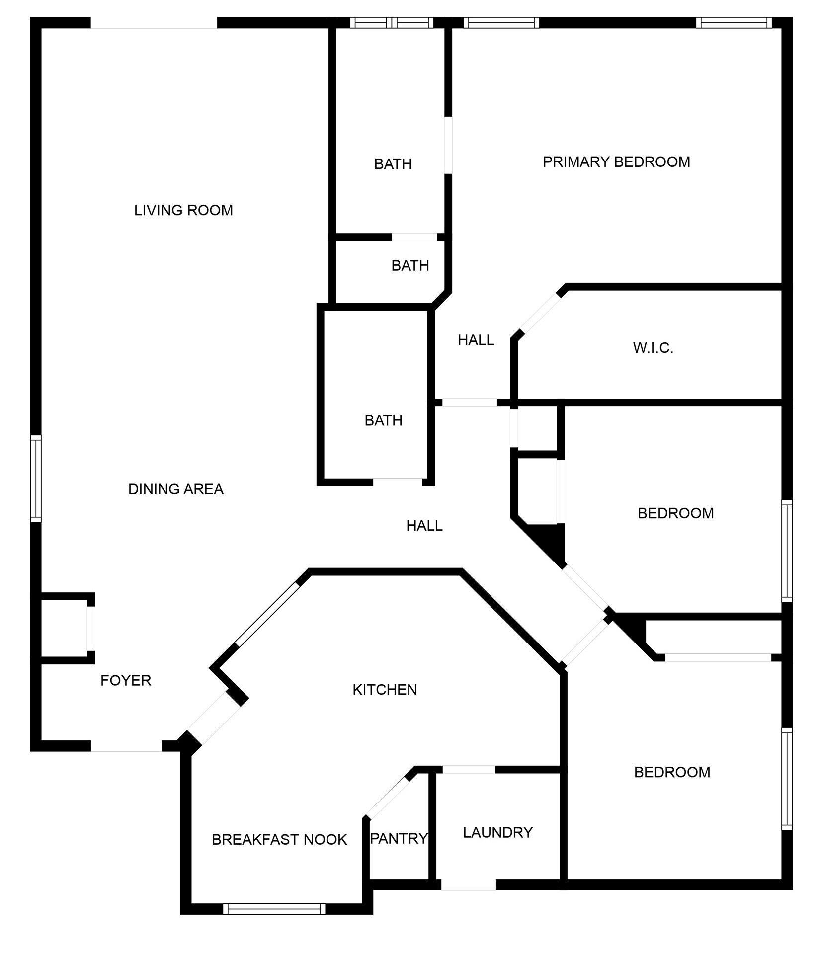 En planritning som visar vardagsrum, matplats, entréhall, kök, frukosthörna, förråd, tvättstuga, två sovrum, ett master bedroom, två badrum, en hall och en walk-in-closet.