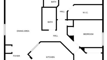 En planritning som visar vardagsrum, matplats, entréhall, kök, frukosthörna, förråd, tvättstuga, två sovrum, ett master bedroom, två badrum, en hall och en walk-in-closet.