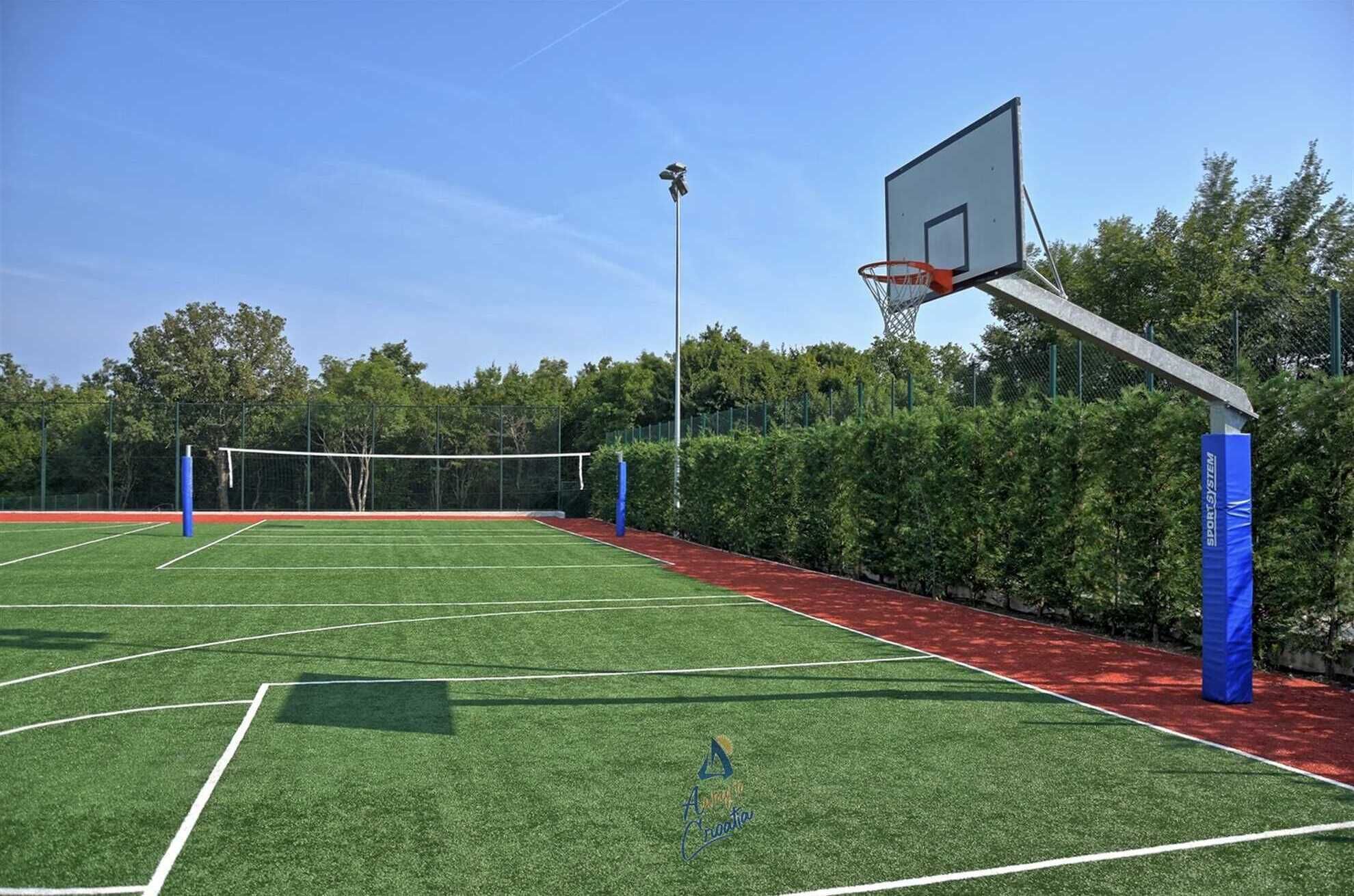 An outdoor sports court with a basketball hoop, surrounded by trees and a red track.