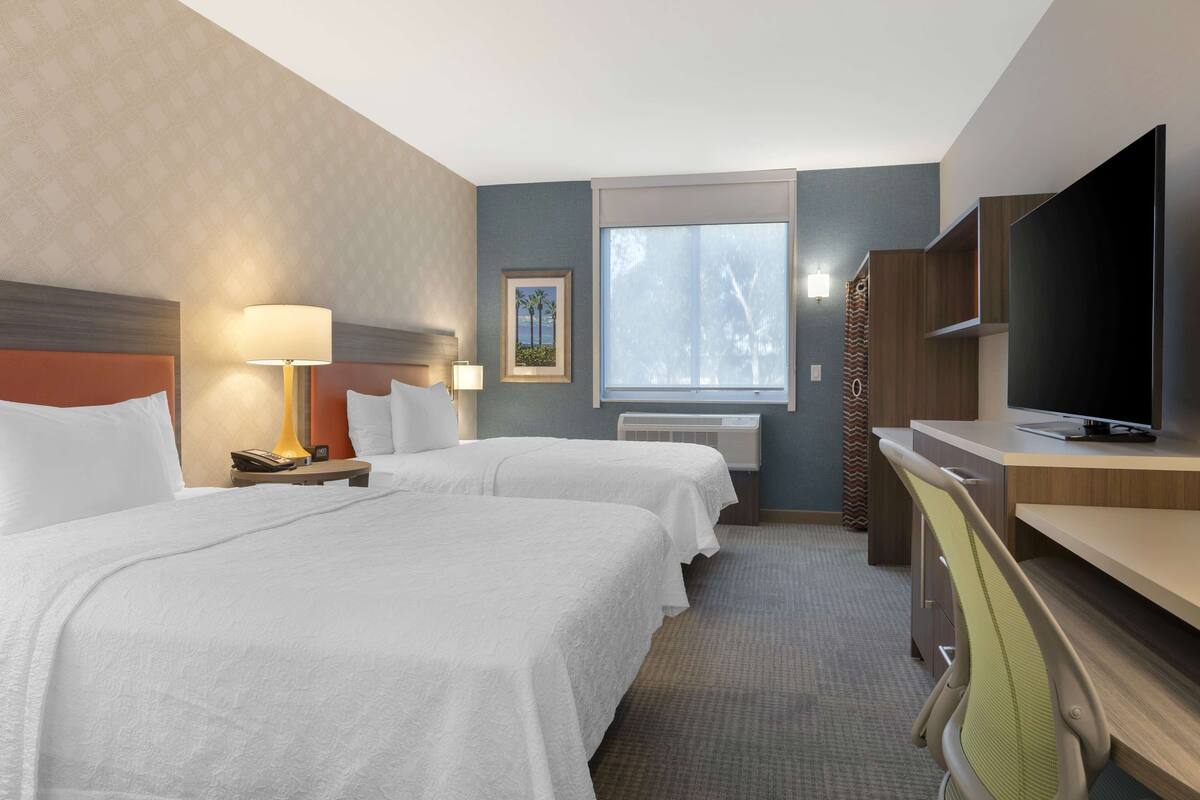 Habitación de hotel con dos camas, un escritorio, un televisor, una ventana y un cuadro en la pared.