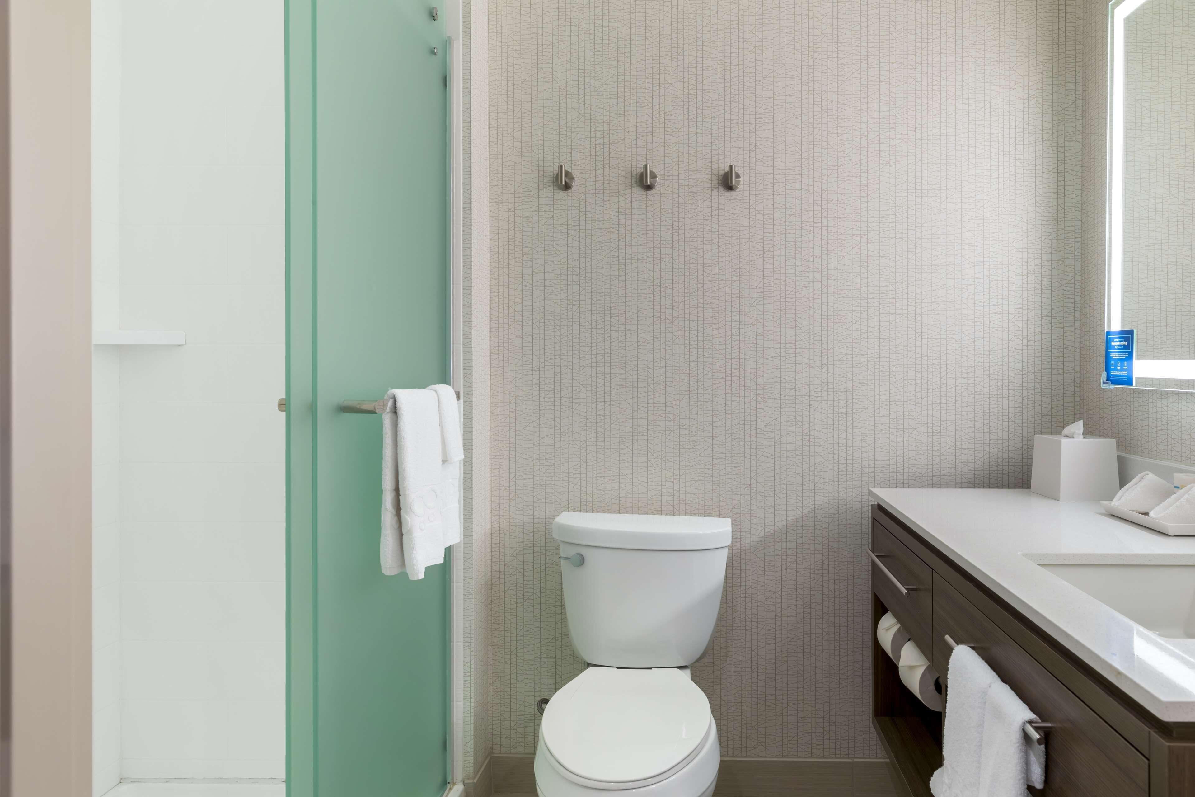 Une salle de bain avec des toilettes, un lavabo et une douche.