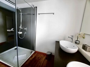 Chuveiro, secador de cabelo, toalhas de banho, sabonete