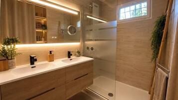 Shower, hair dryer, toilet paper