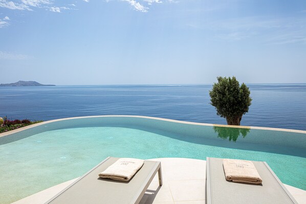 Une piscine à débordement d’un bleu profond, avec deux chaises longues et un arbre en arrière-plan.