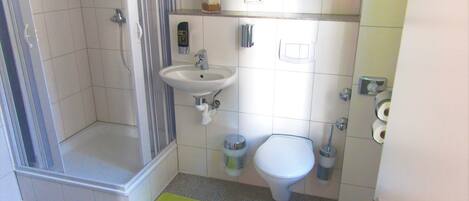 A bathroom with a shower, sink, toilet, and a small potted plant on the countertop.