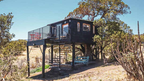 Une cabane dans les arbres dotée d’un balcon, construite sur pilotis et entourée d’une végétation naturelle.