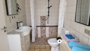 Shower, towels, soap, toilet paper