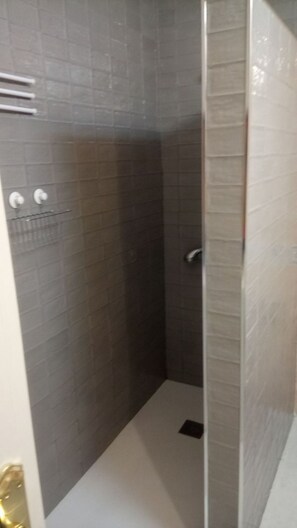 Een douche, een bidet, handdoeken, toiletpapier