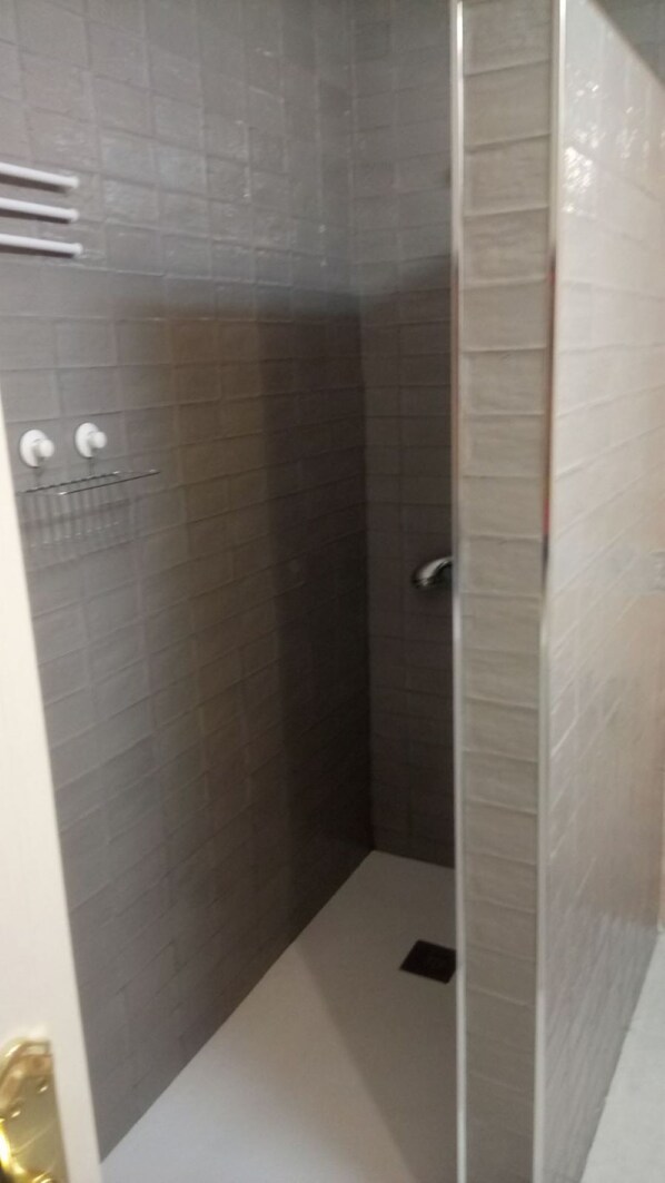 Chuveiro, bidê, toalhas de banho, papel higiênico
