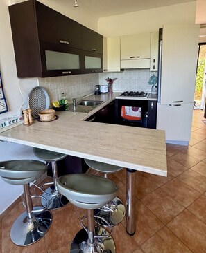 Réfrigérateur, un four, surface de cuisson, lave-vaisselle