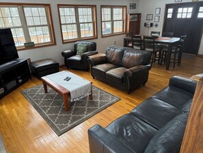 Smart TV, fireplace, DVD player, foosball