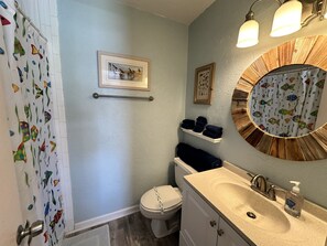Combined shower/bathtub, hair dryer, towels