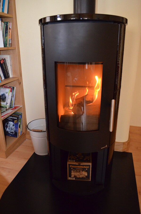 A wood-burning stove with a glass door, a metal handle, and a label on the front. - Feriensuite "burgblick" im "ferienhaus Burgcafe" (Betzenstein)