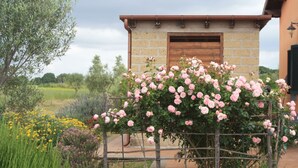 Een rustiek stenen gebouw met een houten deur, omgeven door een tuin vol rozen en andere planten.