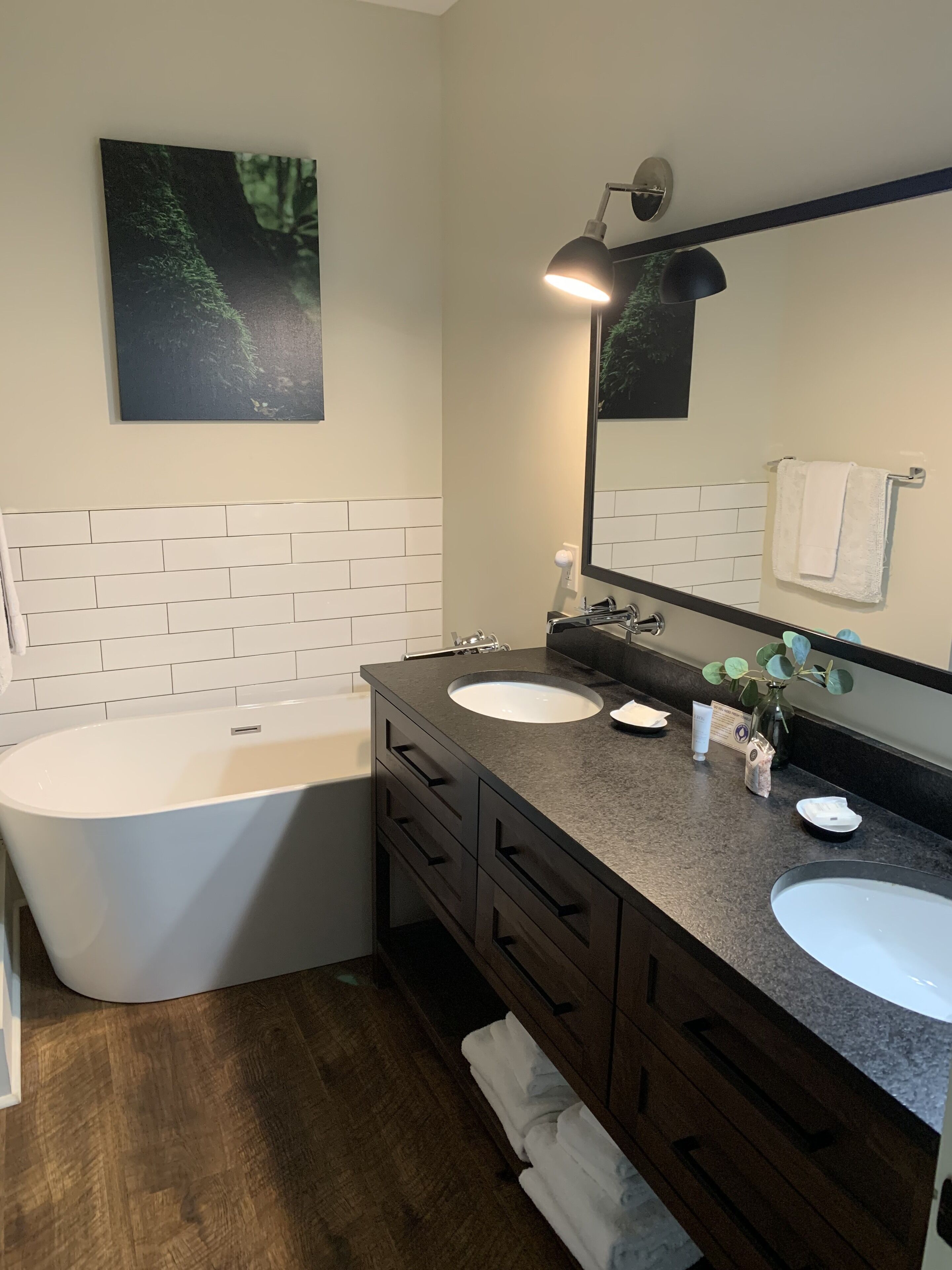 room | bathroom | separate bathtub and shower, hair dryer, towels