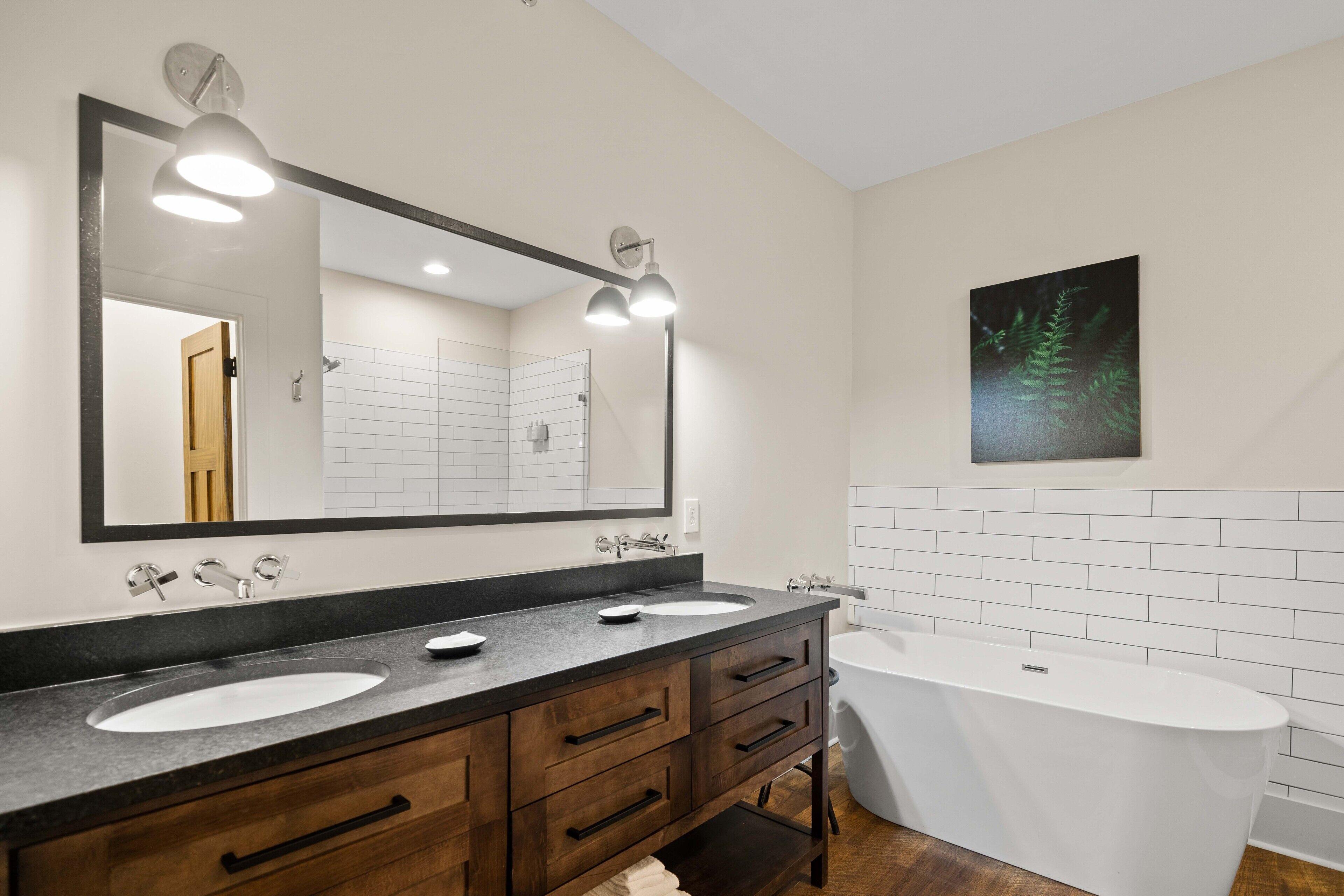 room, 1 king bed with sofa bed | bathroom | separate bathtub and shower, hair dryer, towels