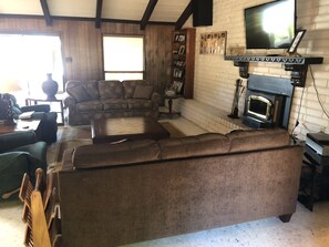 Smart TV, chimenea, reproductor de DVD y libros 