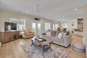 Smart TV, fireplace, foosball, table tennis