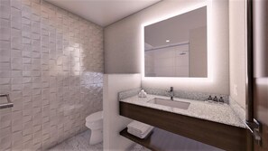 Un bagno moderno con parete strutturata, uno specchio grande, un lavabo e un water.