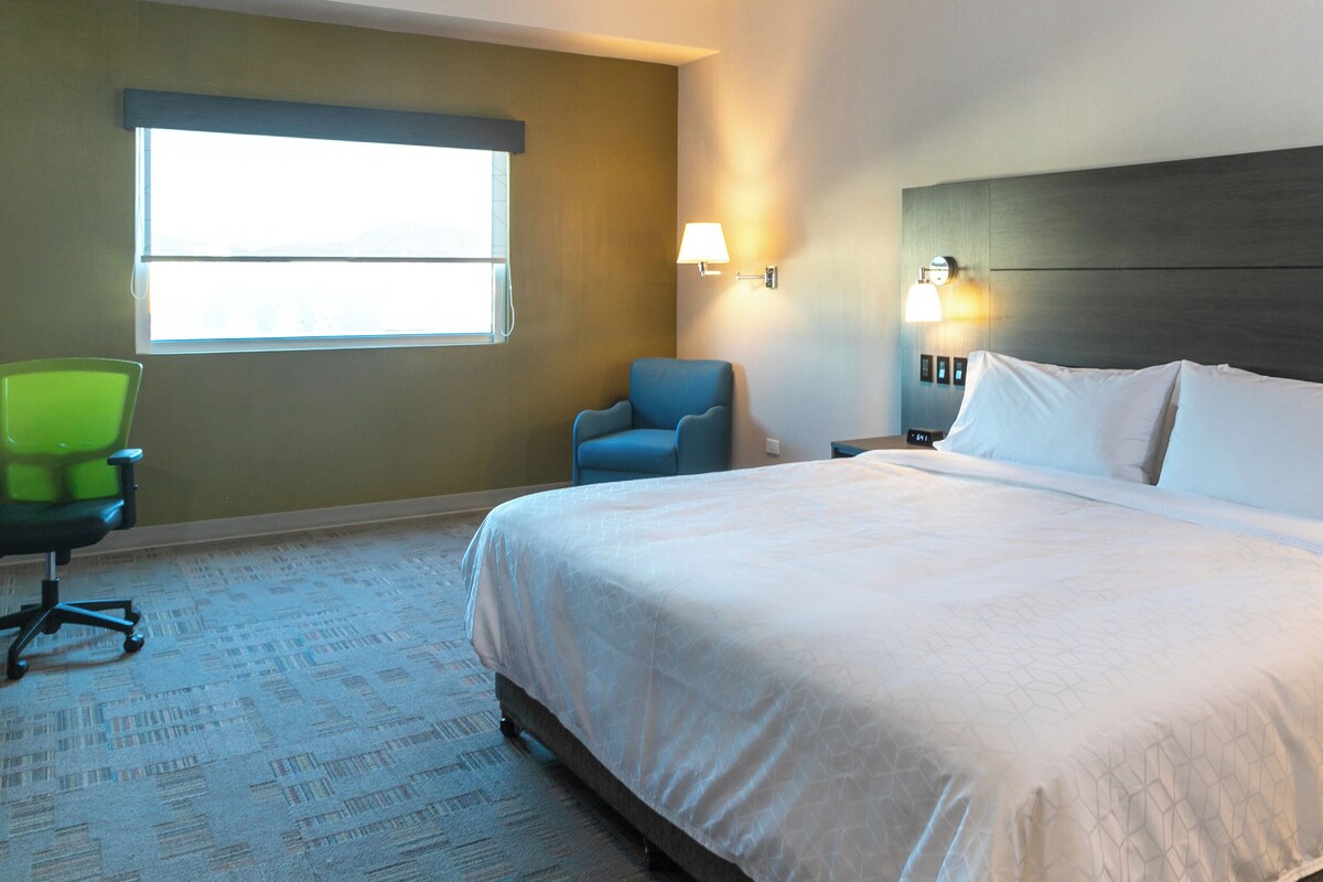 A hotel room with a large bed, a chair, a desk, and a window.