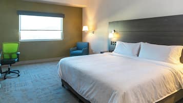 A hotel room with a large bed, a chair, a desk, and a window.