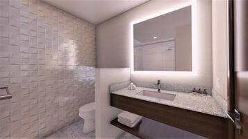 Shower, free toiletries, hair dryer