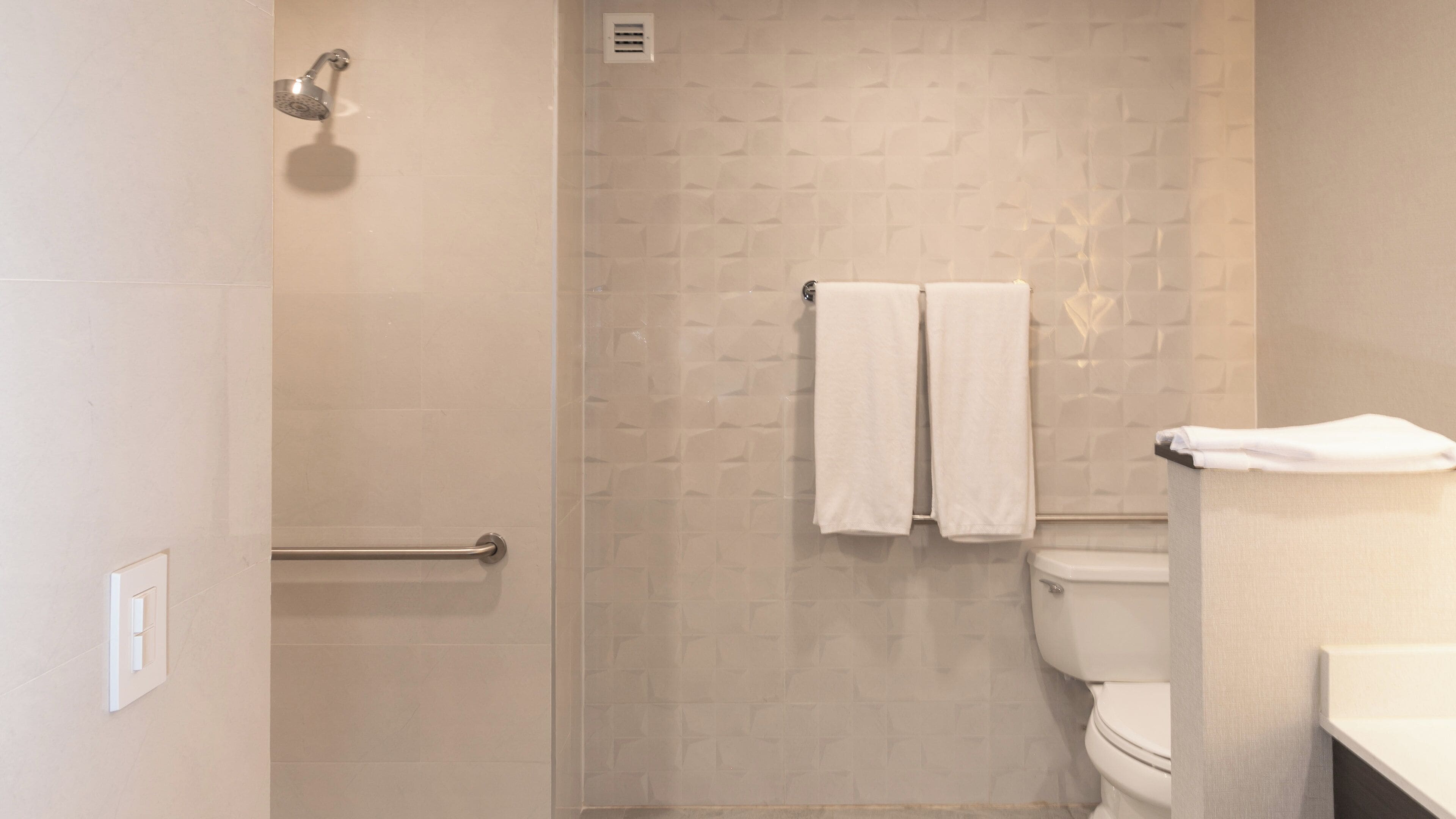 Un baño con ducha, inodoro y toallero.